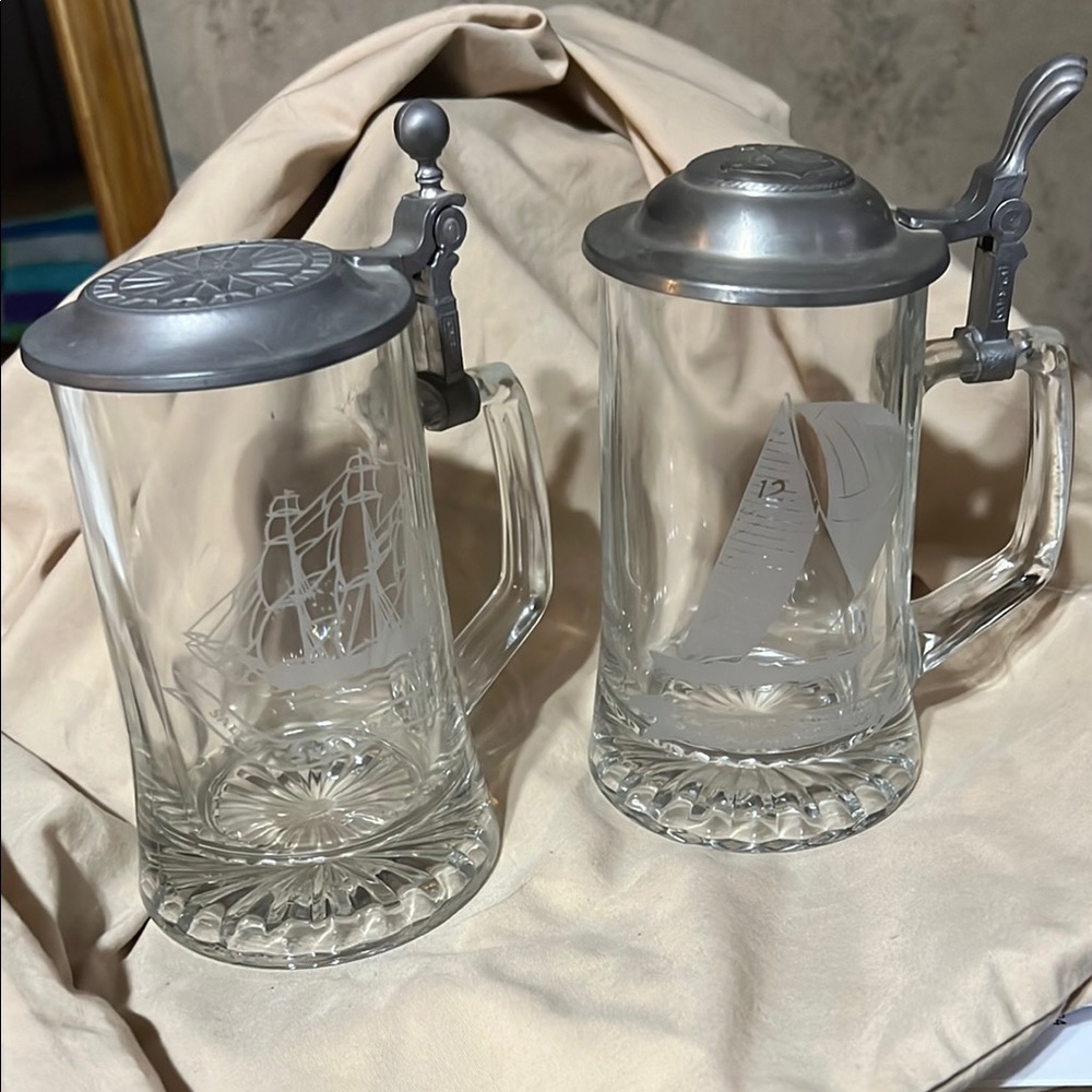 Vintage Glass Beer Steins with Pewter Lids